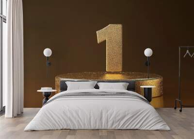 A golden number one on a round gold pedestal with a blurred gold background. Wall mural