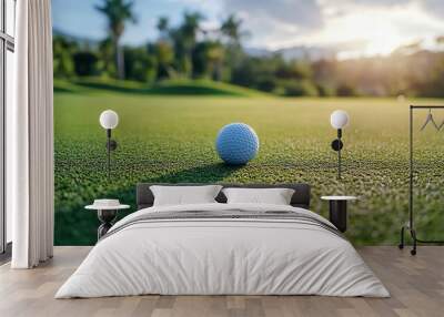 A golf ball sits on a green putting green. Wall mural