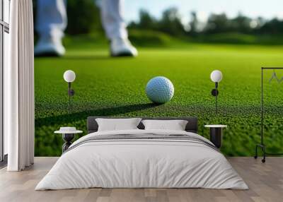 A golf ball sits on a green putting green. Wall mural