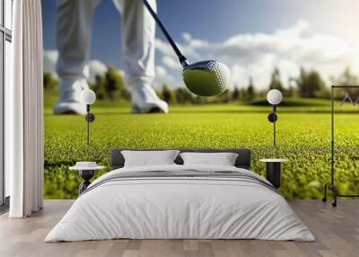 A golfer prepares to take a swing on a green golf course. Wall mural