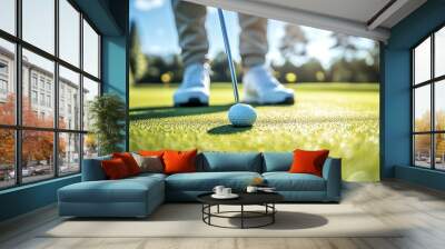 A golfer prepares to take a swing on a green golf course. Wall mural