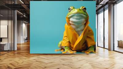 A green frog wearing a yellow raincoat looks at the camera. Wall mural