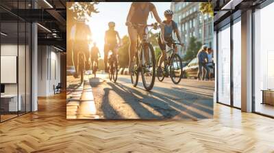 A group of people ride bicycles down a city street at sunset. Wall mural