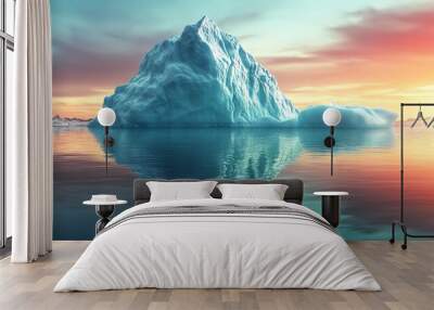 A large iceberg floats in a calm ocean at sunset.  The sky is a mix of blue, pink, and orange. Wall mural