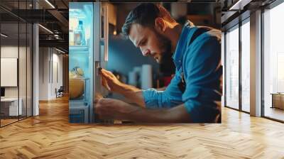 A man in a blue shirt is fixing a refrigerator in a kitchen. Wall mural