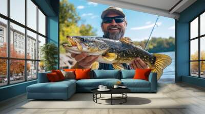 A man is smiling and holding a fish he just caught. Wall mural