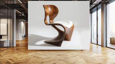 A modern, wooden chair with a white cushioned seat. Wall mural