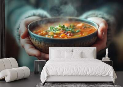 A person is holding a bowl of steaming soup. Wall mural