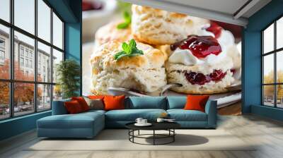 A plate of biscuits with jam and cream. Wall mural