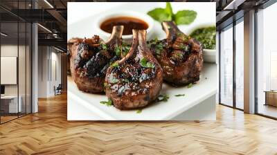 A plate of grilled lamb chops with a sauce and garnish. Wall mural