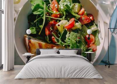 A plate of salad with bread, tomatoes, and cucumbers. Wall mural