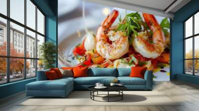 A plate of shrimp and vegetables. Wall mural