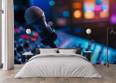 A professional microphone in a recording studio with colorful lights. Wall mural