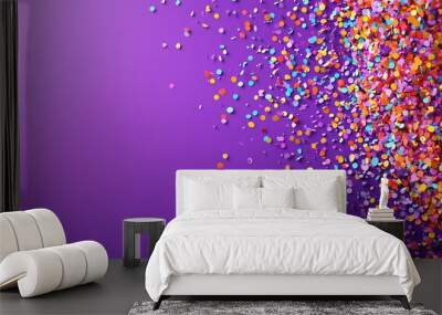 A purple background with colorful confetti on the sides. Wall mural