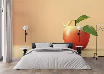 A red apple with a green leaf on a yellow background. Wall mural