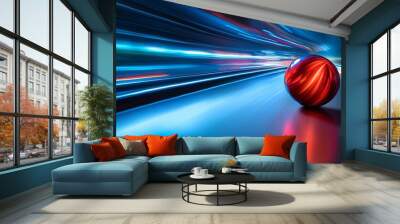 A red sphere sitting on a blue surface with blurred streaks of light. Wall mural