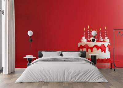 A red velvet cake with candles on a red background. Wall mural