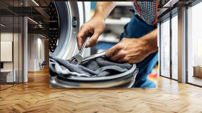 A repairman is working on a washing machine. Wall mural