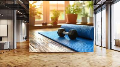 A rolled up blue yoga mat and black dumbbells sit on a wooden floor with a sunny window in the background. Wall mural