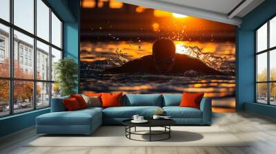 A silhouette of a swimmer in a pool at sunset. Wall mural