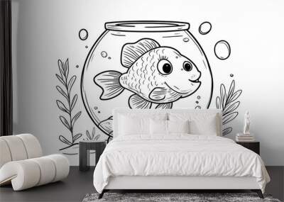 A simple line drawing of a goldfish in a bowl, with bubbles and plants. Wall mural