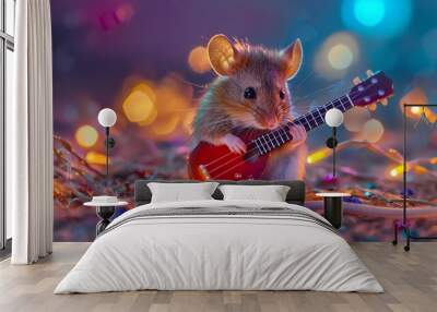 A small mouse plays a ukulele surrounded by Christmas lights. Wall mural