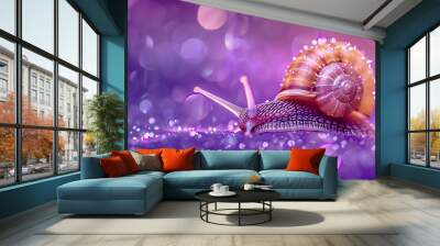 A snail with a shiny, brown shell is on a purple, sparkly surface. Wall mural