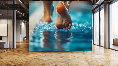 A swimmer's feet enter a pool of water creating splashes. Wall mural