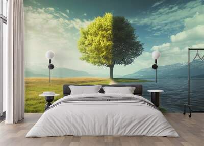 A tree in the middle of a path that divides a landscape into two distinct halves. Wall mural