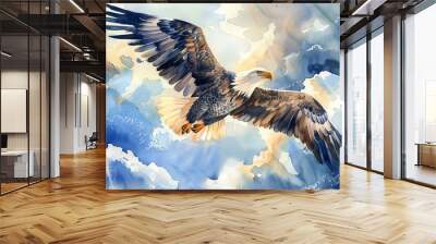 A watercolor painting of a bald eagle in flight against a background of clouds and sunlight. Wall mural