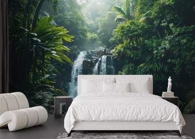 A waterfall in a lush tropical forest. Wall mural