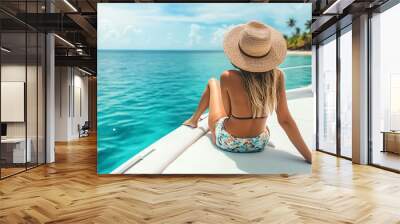 A woman in a bikini and a straw hat sits on the back of a boat looking out at a tropical beach. Wall mural