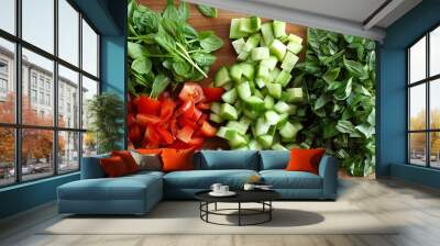 A wooden cutting board with fresh chopped vegetables. Wall mural