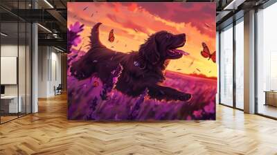 A young black dog runs through a field of lavender at sunset. The lavender is in full bloom and the dog is chasing butterflies. Wall mural