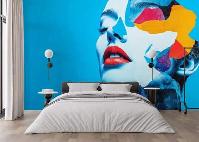 Abstract art featuring a woman's face with colorful paint overlays. Wall mural