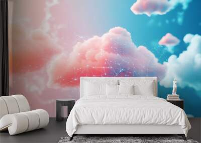 Abstract image of clouds with glowing lines representing a network connection. Wall mural