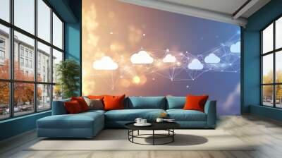 Abstract image of clouds with glowing lines representing a network connection. Wall mural