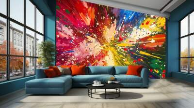 Abstract painting with a lot of colorful splatter paint. Wall mural