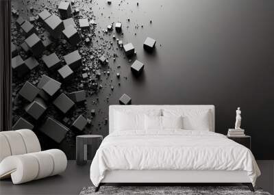 Black cubes scattered on a dark background. Wall mural