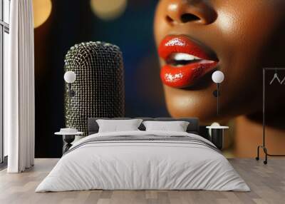 Close-up of a woman singing into a microphone with red lipstick. Wall mural