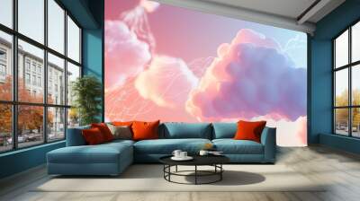 Cloud computing concept with cloud icons connected by glowing lines. Wall mural