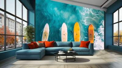 Four surfboards in the ocean, photographed from above. Wall mural