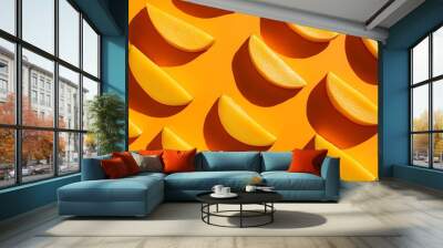 Mango slices arranged in a pattern on a yellow background. Wall mural