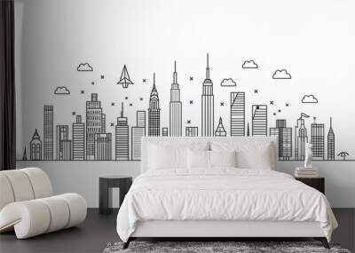 Minimalist line drawing of a cityscape with skyscrapers and a paper airplane flying overhead. Wall mural