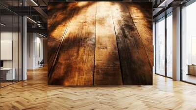 Rustic wooden floorboards with a warm, golden light shining on them. Wall mural