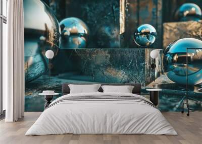 Shiny chrome spheres resting on a metallic, geometric platform. Wall mural