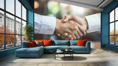 Two businessmen shaking hands over a contract. Wall mural