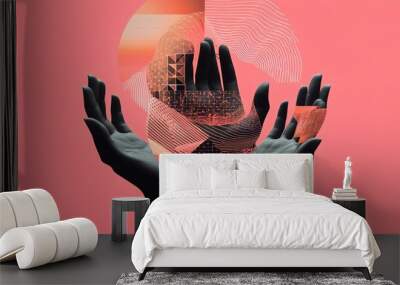 Two hands reach towards a digital sphere of abstract patterns against a pink background. Wall mural