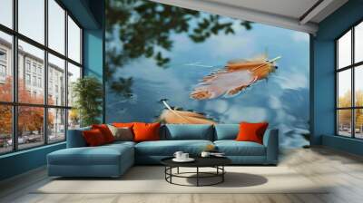 Two orange feathers floating on the surface of a pond. The water is clear and reflects the sky above. Wall mural