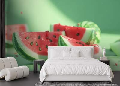 Watermelon slices on a green background. Wall mural